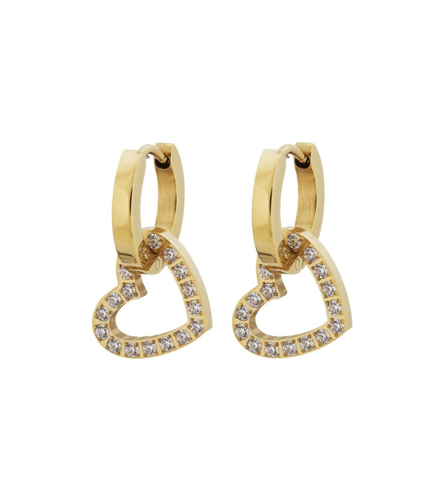 gold small hoops with interlocked gold hearts covered with cubic zirconia