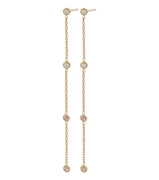 Long gold chain earrings with four round cubic zirconia along the length of the drop