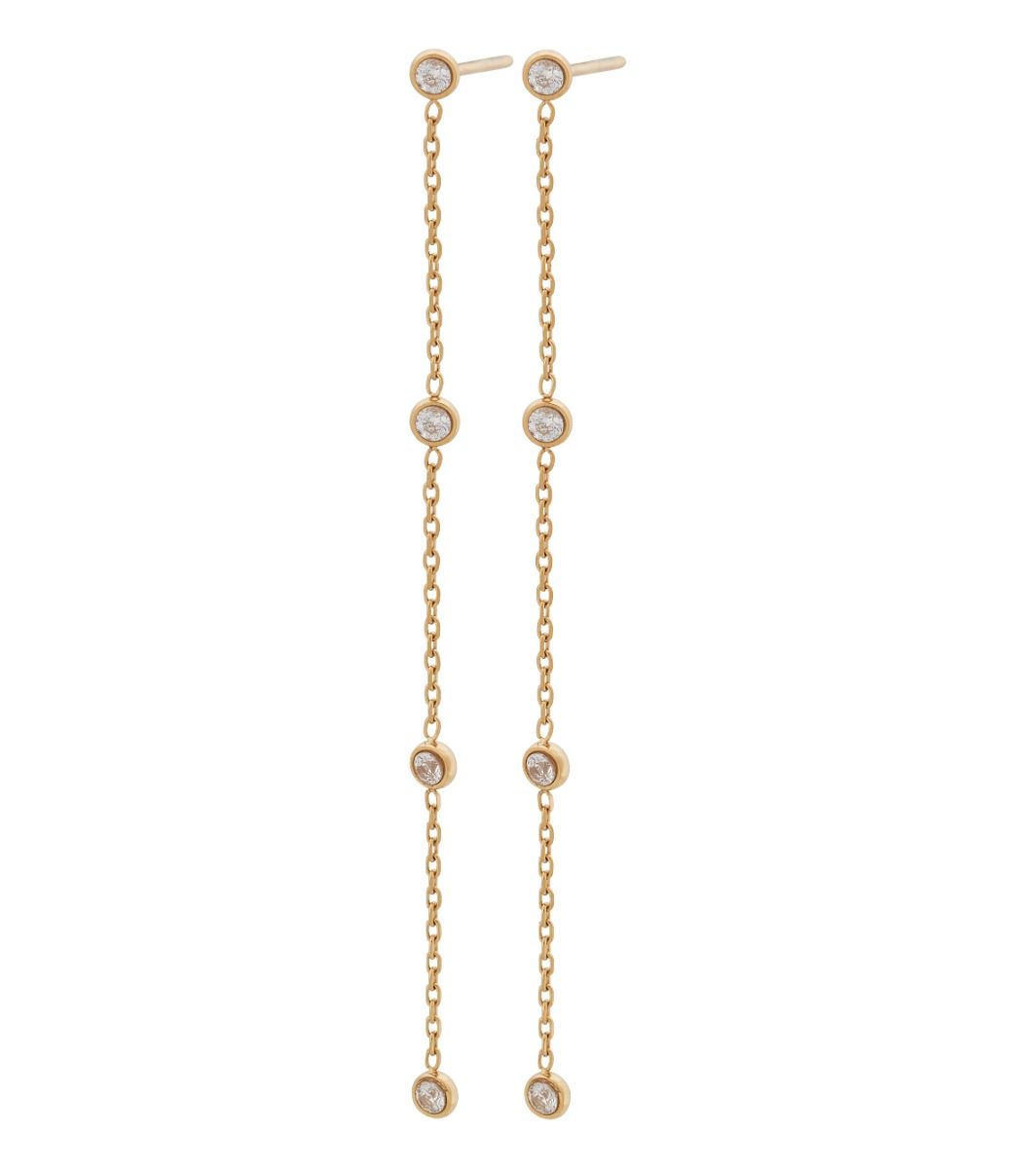 Long gold chain earrings with four round cubic zirconia along the length of the drop