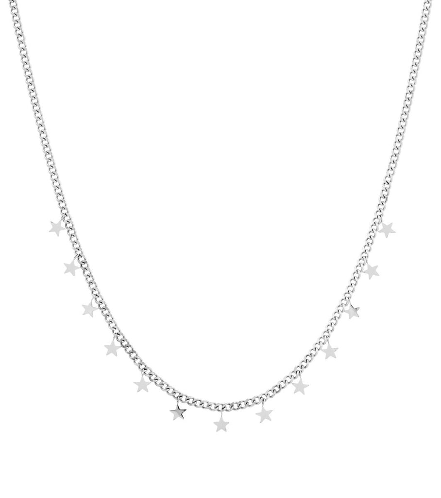 Silver stainless steel chain with 13 small steel stars hanging down from the chain