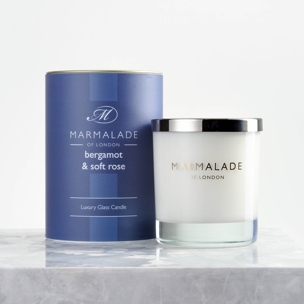 Marmalade of London Bergamot & Soft Rose Large Glass Candle with blue packaging 
