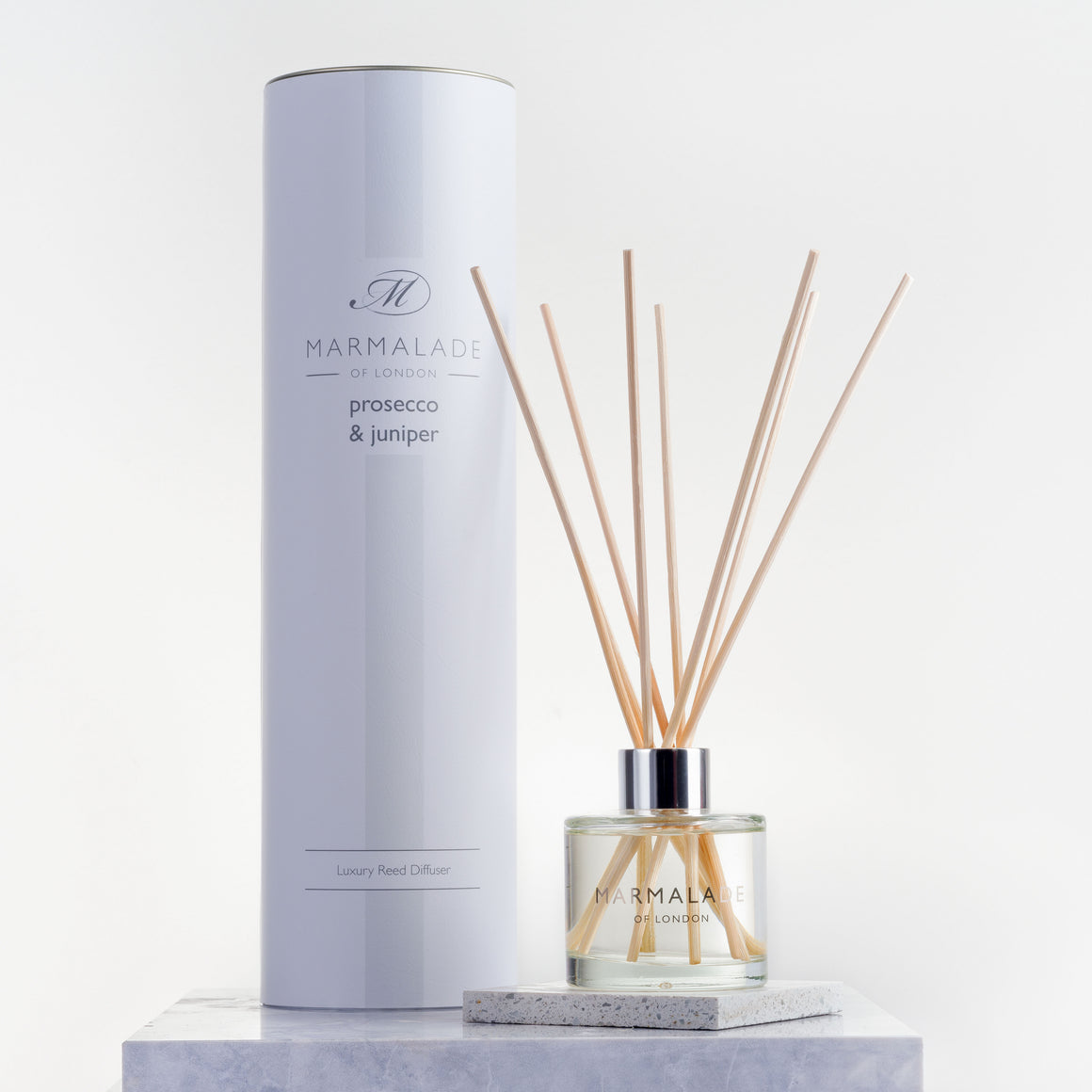 Marmalade of London Prosecco & Juniper Reed Diffuser with white packaging