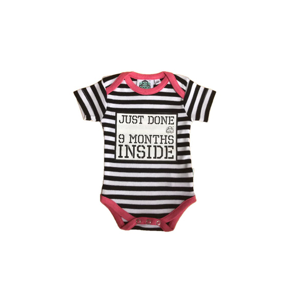 Lazybaby organic vest with black and white stripes, a pink trim and text saying ' just done 9 months inside'