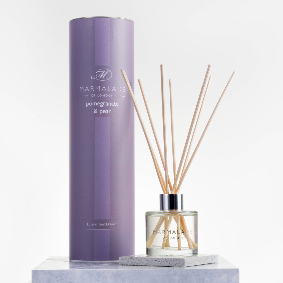 Marmalade of London Pomegranate & Pear Reed Diffuser with purple packaging