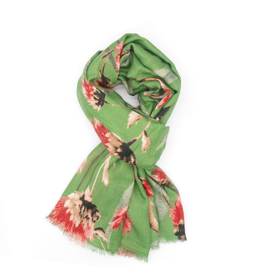green scarf with orange and pink flowers and thistles