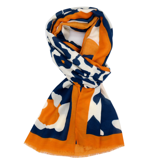 navy and cream pattern with orange edged scarf