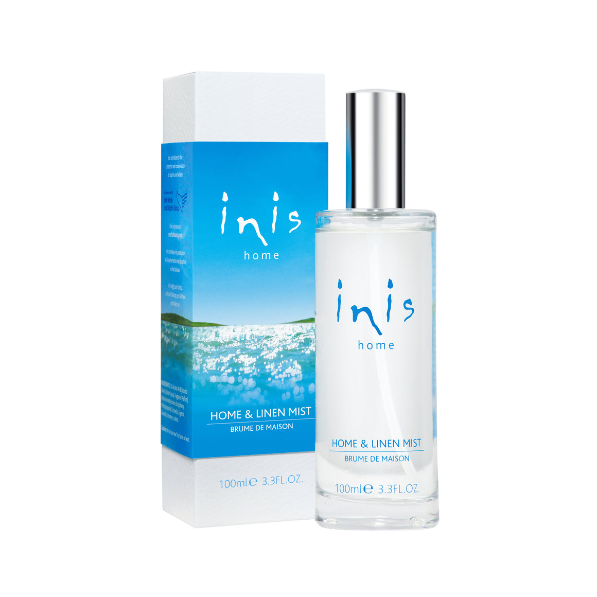 Inis Energy of the Sea Home and Linen Mist in blue and white packaging and a glass bottle