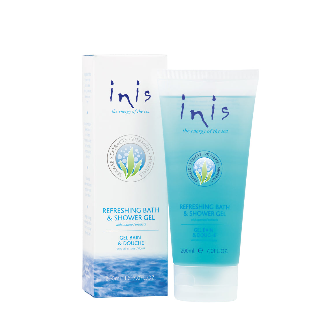 Inis Energy of the Sea Refreshing Bath and Shower Gel in a clear bottle and blue and white packaging