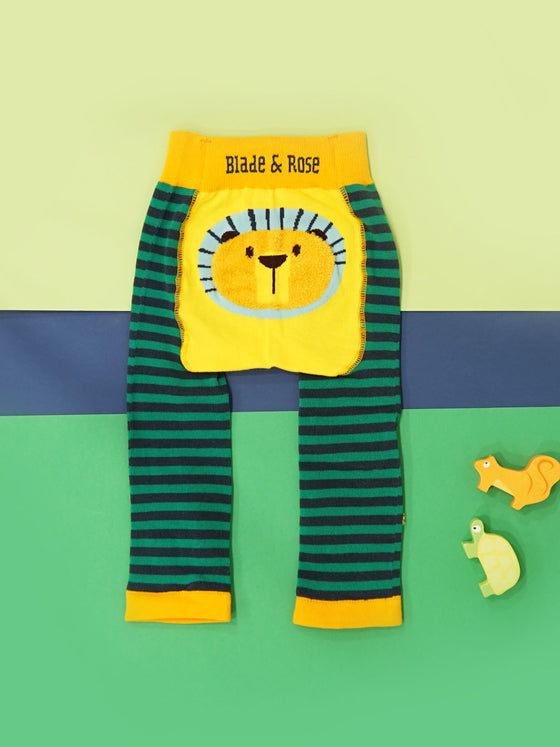 Blade and Rose Frankie The Lion Leggings with fine tonal teal and navy stripes and a mustard bum with frankie the lion too