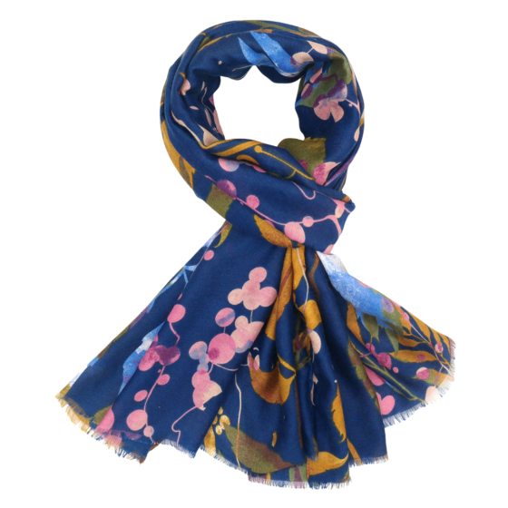 navy blue scarf with pink and mustard floral design