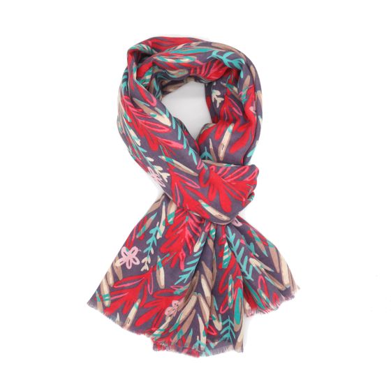 purple scarf with multicoloured, red, green and pink leaves