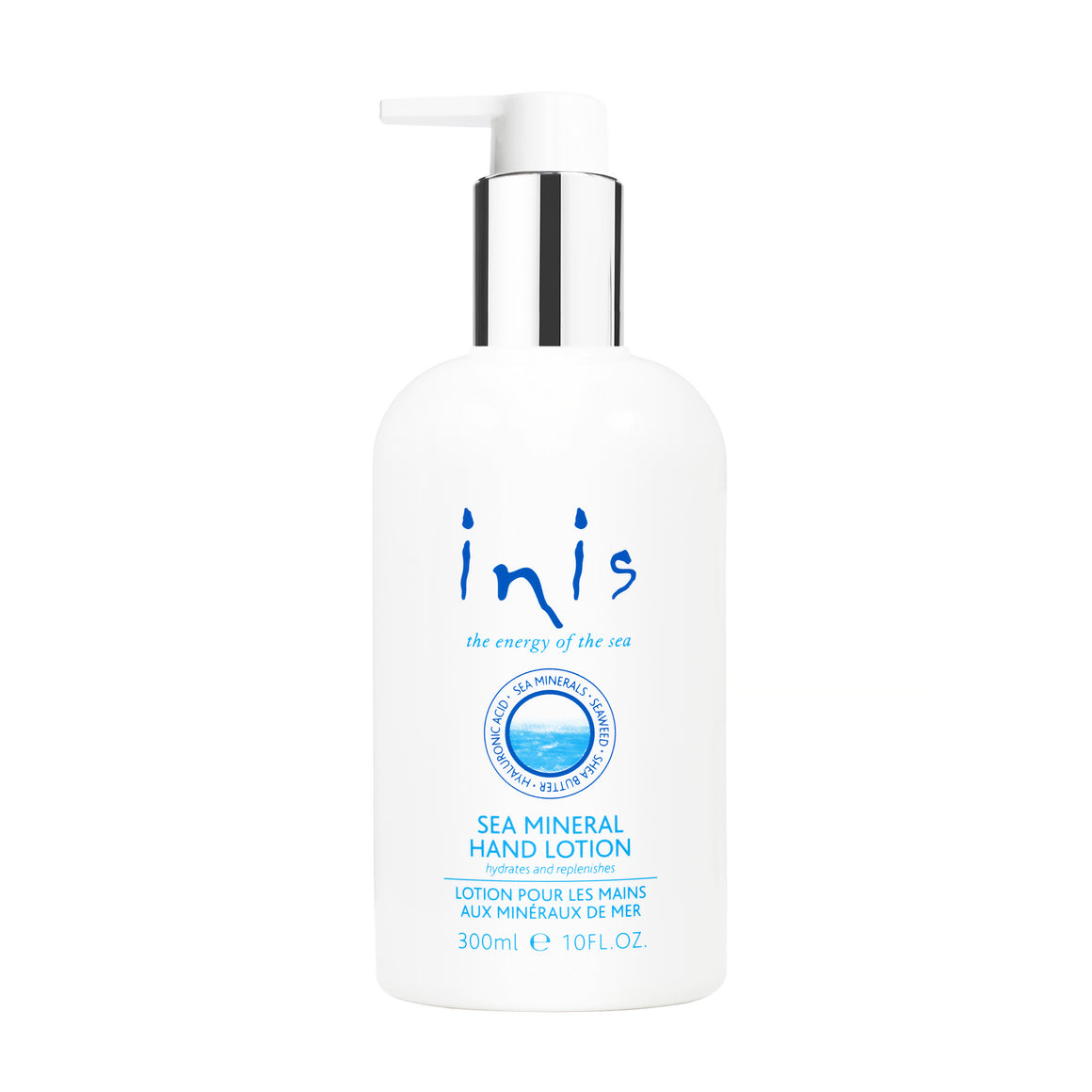 Inis Energy of the Sea Mineral Hand Lotion in a white bottle with pump