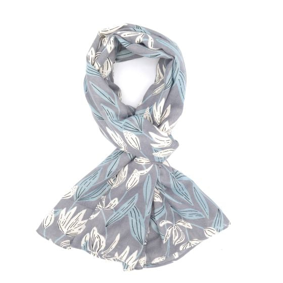 grey scarf with white and blue flowers