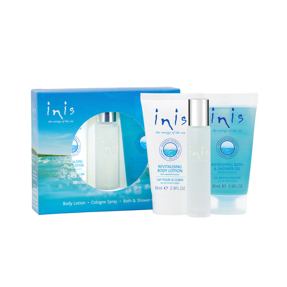 Inis Energy of the Sea Gift Trio including a travel size cologne and travel size body lotion and shower gel in blue boxed packaging