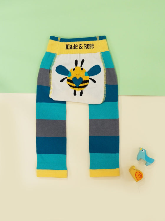 Blade and Rose Buzzy Bee Leggings with teal, blue and grey stripes with a buzzy bee design on the bum