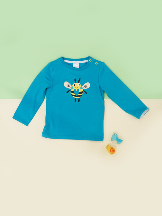 Blade and Rose Buzzy Bee Long Sleeve Top with A bright and funky teal long sleeve with a buzzy yellow bee design. 