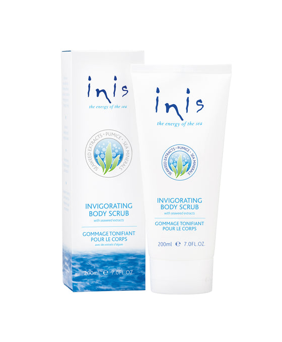 Inis Energy of the Sea Invigorating Body Scrub ina white tube with white and blue packaging
