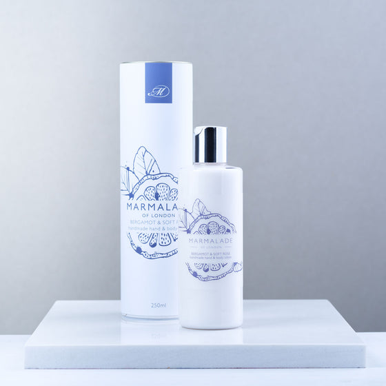 Marmalade of London Bergamot & Soft Rose Hand & Body Lotion with white packaging and blue writing
