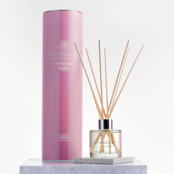 Marmalade of London Pink Pepper & Plum Reed Diffuser with pink packaging