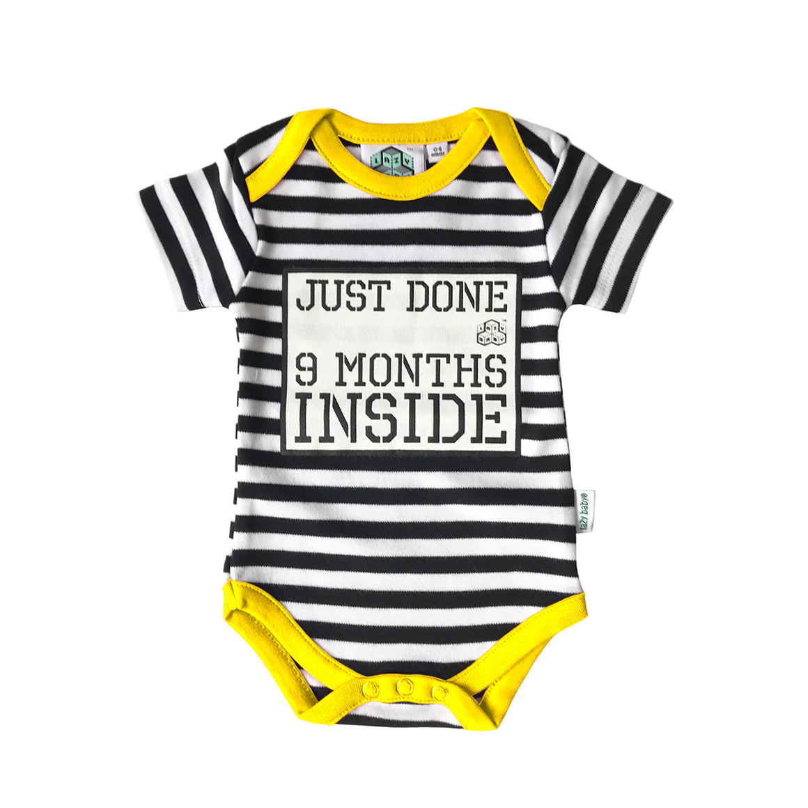 Lazybaby Just Done Nine Months Inside Organic Black  and White Vest with a Yellow Trim