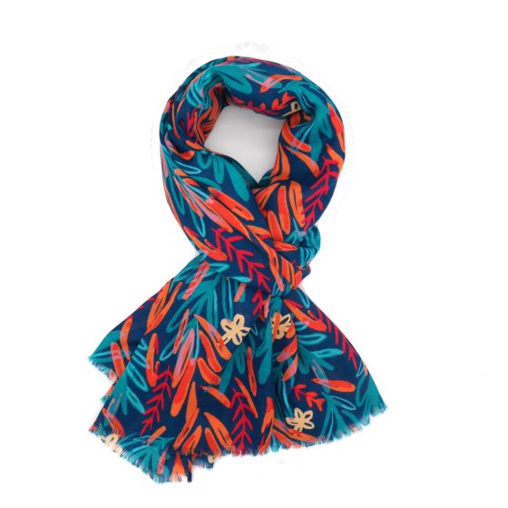 navy blue scarf with orange, red and turquoise leaf and flower design 