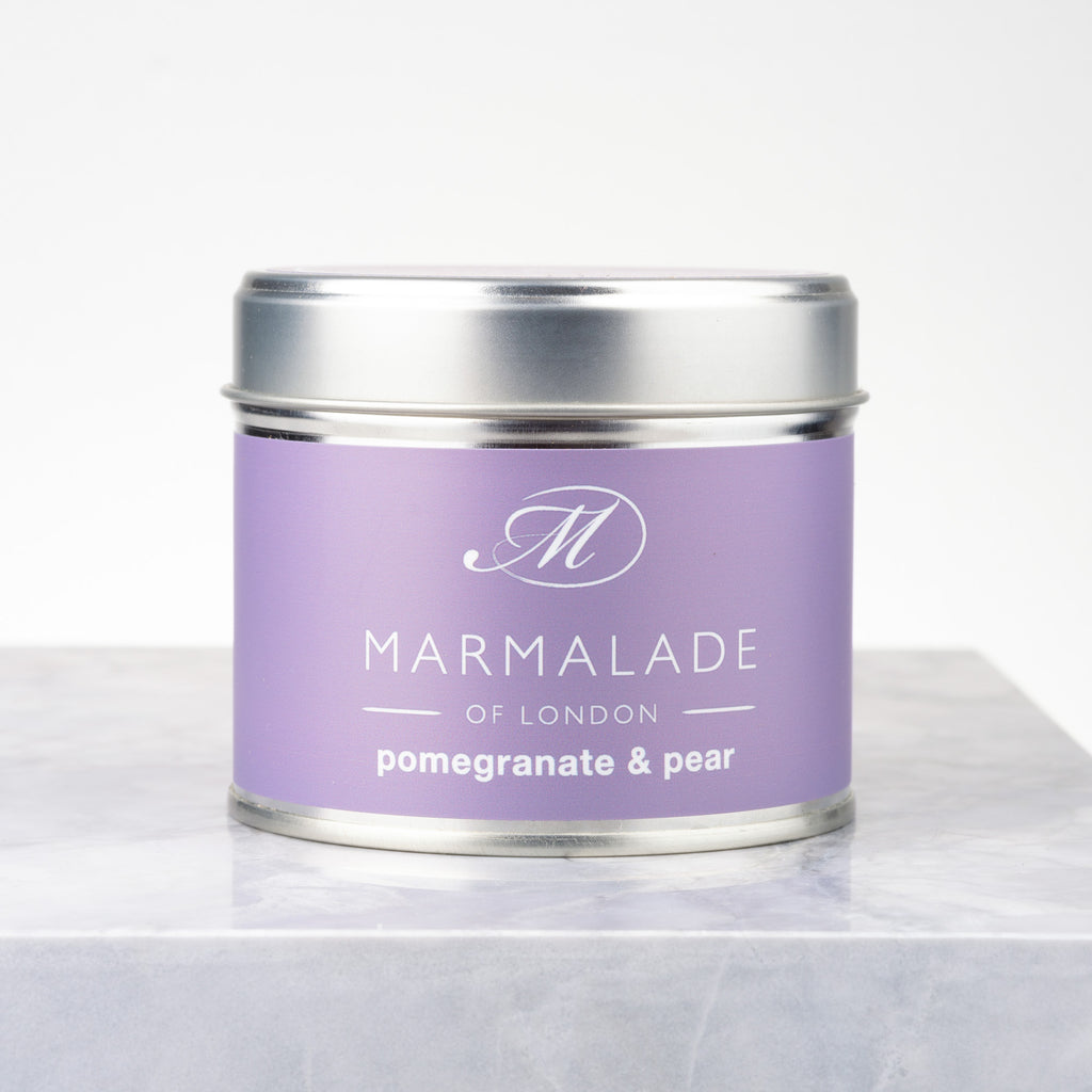 Marmalade of London Pomegranate & Pear Medium Tin with purple packaging