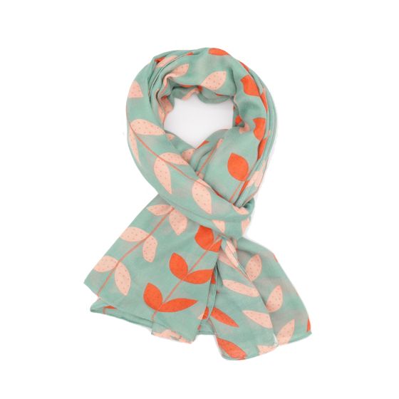 duck egg blue scarf with pink and orange leaves