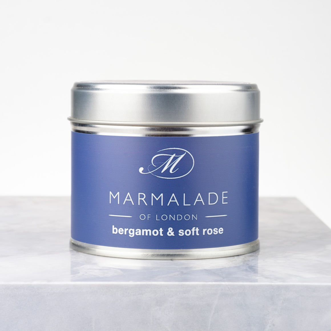 Marmalade of London Bergamot & Soft Rose Medium Tin with blue packaging