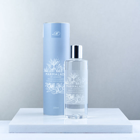Marmalade of London Prosecco & Juniper Hand & Body Wash with light blue packaging.