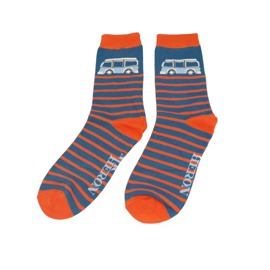blue and orange strped ankle socks with a blue and white campervan on the ankle and an orange trim