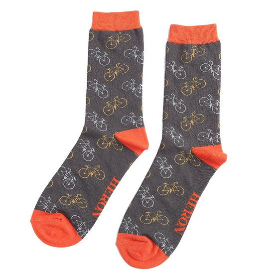 ankle socks with a charcoal background, orange trim and a bike pattern in yellow and silver