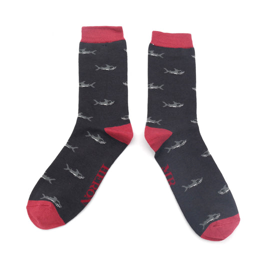 charcoal ankle socks with a burgundy trim and grey shark pattern