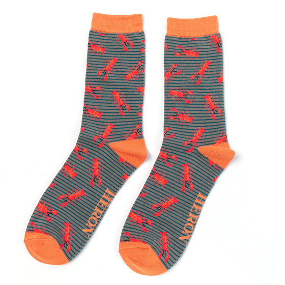 Grey striped ankle socks with an orange trim and bright red lobsters