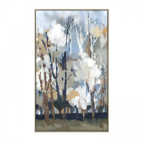  a bold, cheerful healthy mixture of grey, blues and yellowish colour capturing the distinctive and striking silver birch trees. 