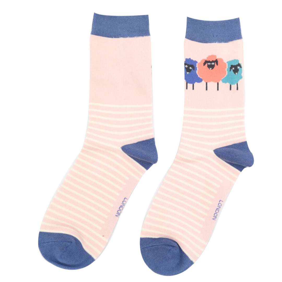 ankle socks with dusky pink and white stripes with three sheep, purple, peach and turquoise and the ankle. Purple trim