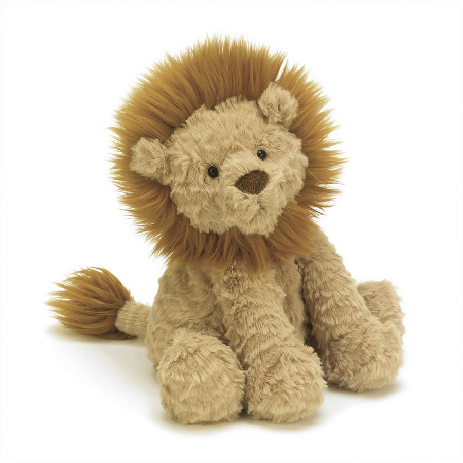 Jellycat lion with fudge coloured fur, amber mane and tail, brown nose and little black eyes.
