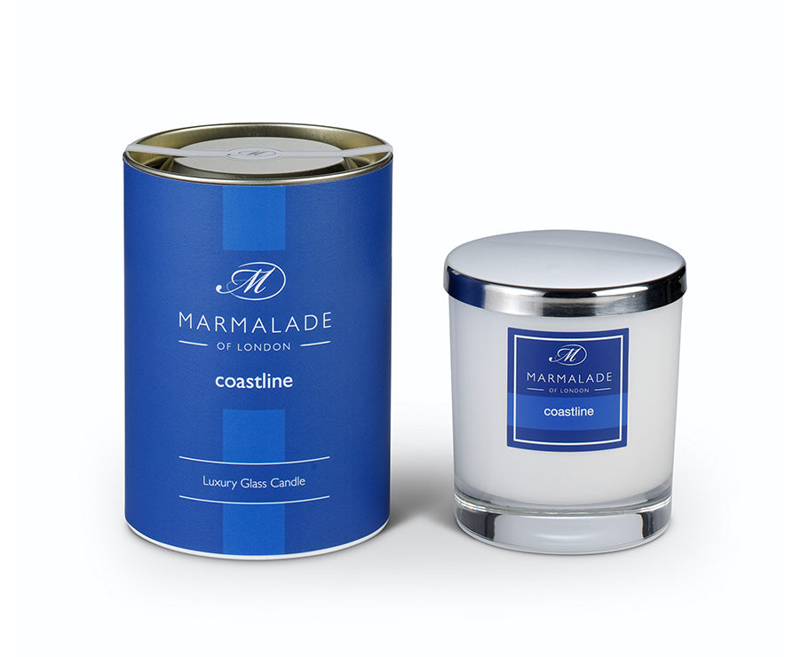 Marmalade of London Coastline Glass Candle with blue packaging