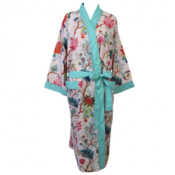 Powell Craft Floral Blush Cotton Dressing Gown with pink roses, lilacs, yellow flowers and green leaves, trimmed with teal