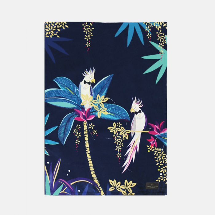 Navy blue thick cotton tea towel with 2 cockatoos with dickie bows hanging from a branch  very vibrant and colourful