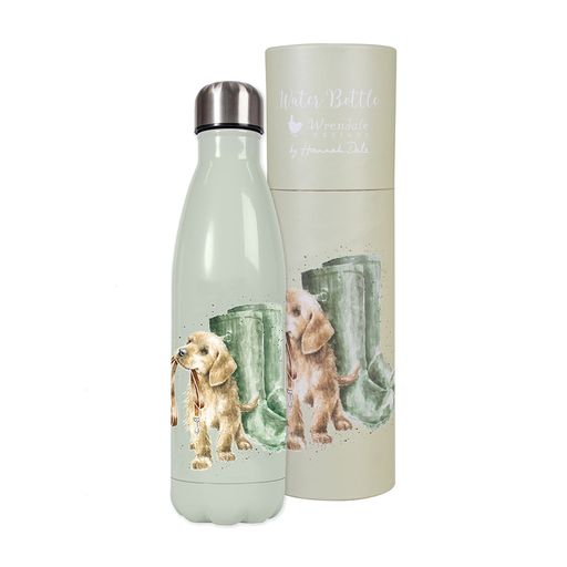 pale green 500ml waterbottle featuring a golden labrador stood next to a pair of green wellies carrying a lead on one side and a black labrador on the other side, in pale green packaging reflecting the design of the bottle