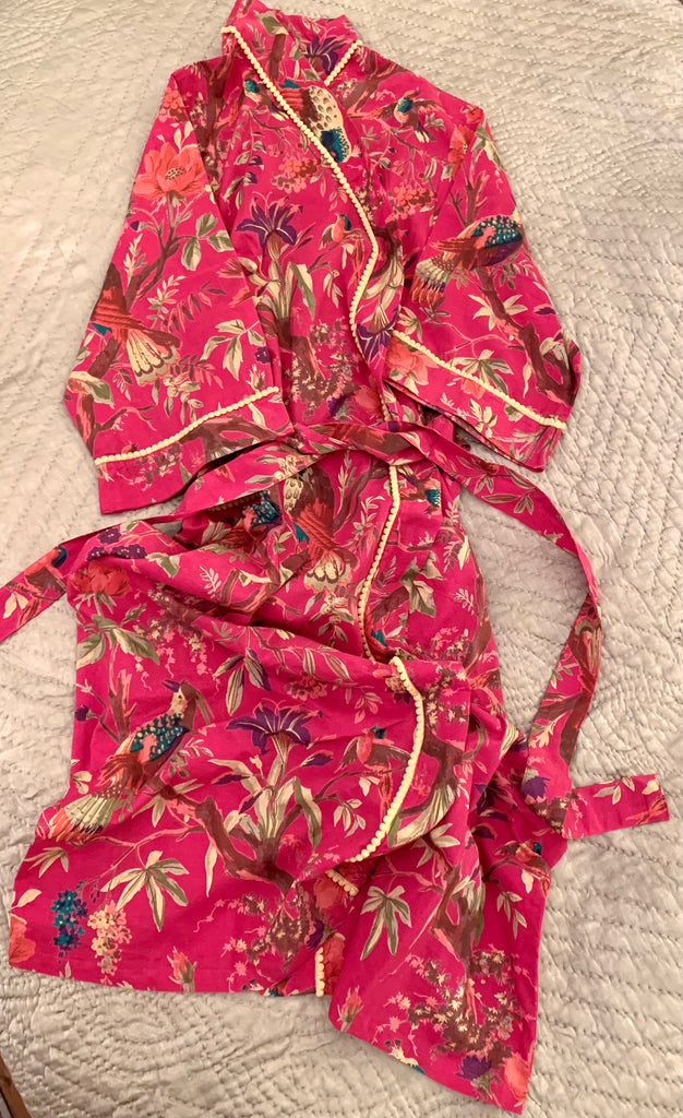 Powell Craft Hot Pink Bird Print Cotton Dressing Gown