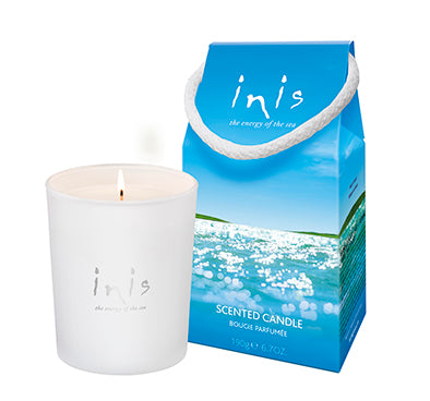 inis scented candle frosted white vessel with inis inscripted on 