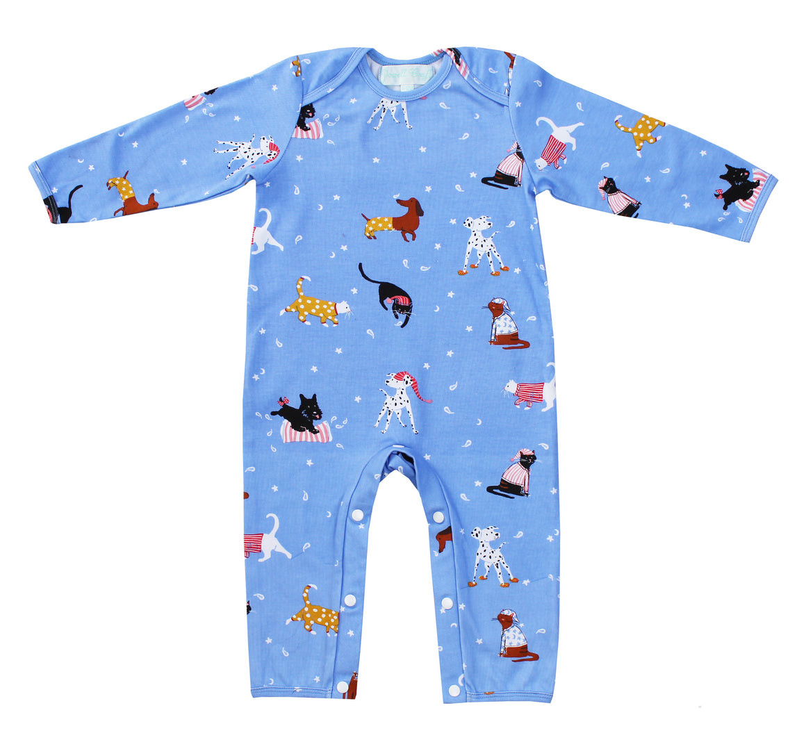 Powell Craft Cats and Dogs Baby Jumpsuit with long sleeves and full length legs, a light blue background with various cats and dogs pattern