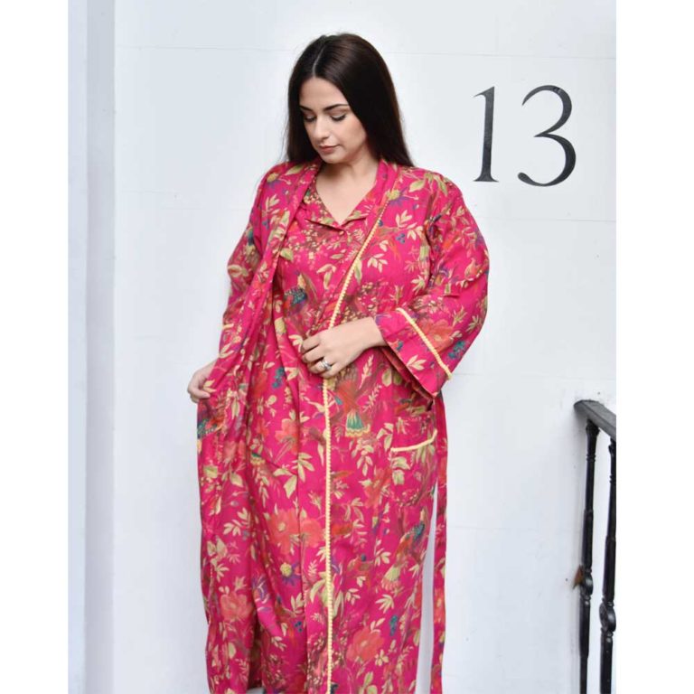 Powellcraft-Hot-pink-bird-print-cotton-dressing-gown