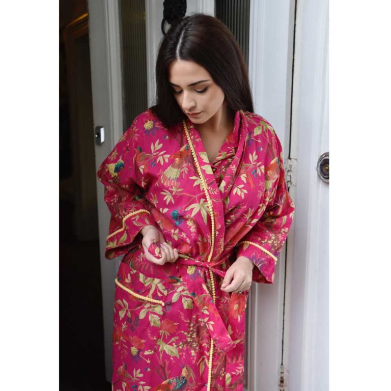 Powellcraft-Hot-pink-birdprint-cotton-dressing-gown