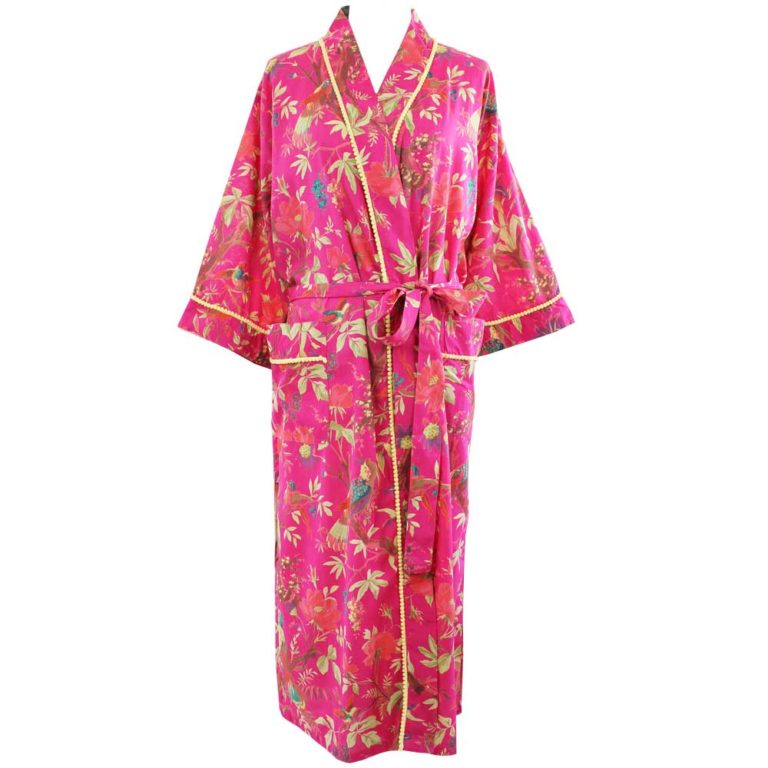 Powellcraft-Hot-pink-birdprint-cotton-dressing-gown