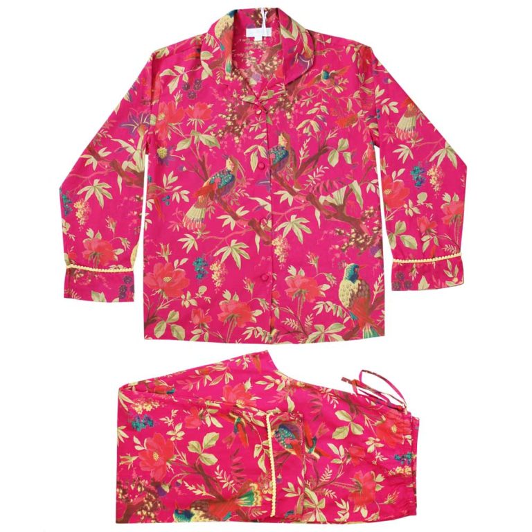 Powell Craft Hot Pink Bird Print Cotton Ladies Pyjamas, with multicoloured birds on branches and flowers against a hot pink background, trimmed with yellow pom-poms