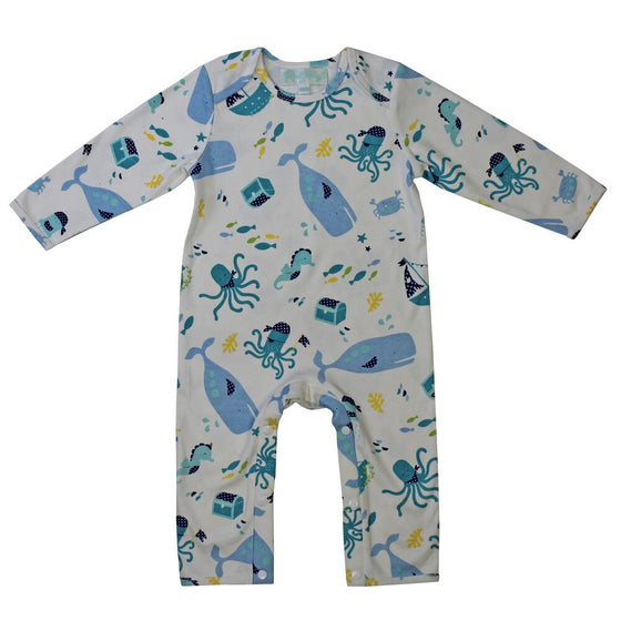 Powell Craft Sea Print Baby Jumpsuit with long sleeves and full length legs with a white background featuring blue and green sea creatures